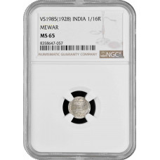 India 1/16 rupee BS 1985 (1928), NGC MS65, "Princely state of Mewar (1858-1949)"