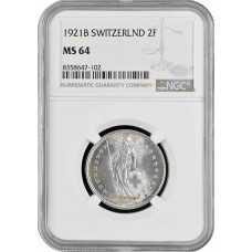 Швейцария 2 франка 1921 г. B, NGC MS64, "Швейцарская конфедерация (1917 - 1967)"