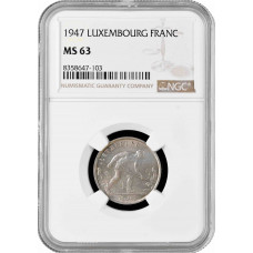 Люксембург 1 франк 1947 г., NGC MS63, "Великая герцогиня Шарлотта (1918 - 1964)"