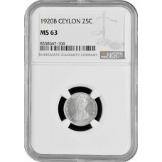 Цейлон 25 центов 1920 г. B, NGC MS63, "Король Эдуард VII (1902 - 1910)"