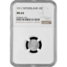 Нидерланды 10 центов 1911 г., NGC MS64, "Королева Вильгельмина (1890 - 1948)"