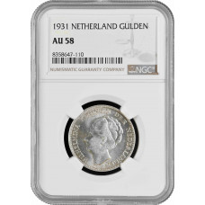 Нидерланды 1 гульден 1931 г., NGC AU58, "Королева Вильгельмина (1890 - 1948)"