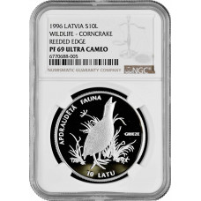 Латвия 10 латов 1996 г., NGC PF69 UC, "Исчезающие животные - Коростель"