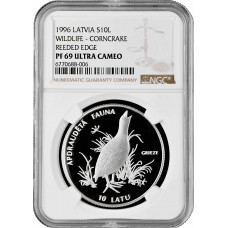 Латвия 10 латов 1996 г., NGC PF69 UC, "Исчезающие животные - Коростель"