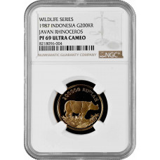 Индонезия 200000 рупий 1987 г., NGC PF69 UC, "Дикая природа - Яванский носорог"