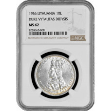 Lithuania 10 litu 1936, NGC MS62, "Duke Vytautas Didysis" silver coin