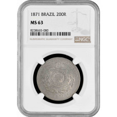 Бразилия 200 рейсов 1871 г., NGC MS63, "Император Педро II (1831 - 1889)"