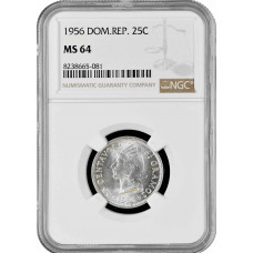 Доминикана 25 сентаво 1956 г., NGC MS64, "Доминиканская Республика (1937 - 2023)"