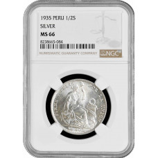 Перу 1/2 соль 1935 г., NGC MS66, "Республика Перу (1918 - 1985)" Pop1/1