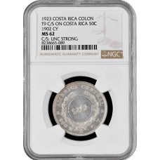 Коста-Рика 1 колон 1923 г., NGC MS62, "T9 C/S on Costa Rica 50C 1902 CY" C/S UNC