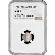 Нидерланды 10 центов 1897 г., NGC MS63, "Королева Вильгельмина (1890 - 1948)"
