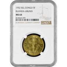 Бельгийское Конго (Руанда-Урунди) 5 франков 1952 г., NGC MS64, "Подопечная территория ООН"