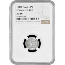 Италия 4 байокко 1849 г. R, NGC MS66, "Римская Республика (1849 - 1850)" Top Pop