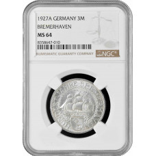 Веймарская Республика 3 рейхсмарки 1927 г. A, NGC MS64, "100 лет Бремерхафену"