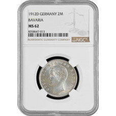 Бавария 2 марки 1912 г. D, NGC MS62, "Король Отто І (1886 - 1913)"