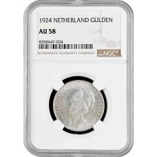Нидерланды 1 гульден 1924 г., NGC AU58, "Королева Вильгельмина (1890 - 1948)"