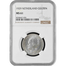 Нидерланды 1 гульден 1929 г., NGC MS61, "Королева Вильгельмина (1890 - 1948)"