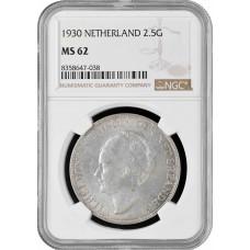 Нидерланды 2 1/2 гульдена 1930 г., NGC MS62, "Королева Вильгельмина (1890 - 1948)"