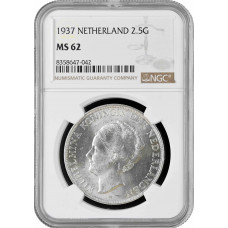 Нидерланды 2 1/2 гульдена 1937 г., NGC MS62, "Королева Вильгельмина (1890 - 1948)"