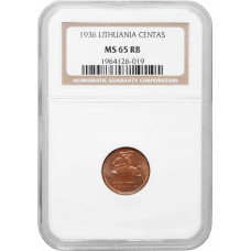Lithuania 1 centas 1936, NGC MS65 RB, "First Republic (1925 - 1938)"