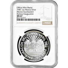 Мексика 1 онза 1987 г., NGC MS67, "Открытие Юго-Восточной железной дороги" Pop 1/1
