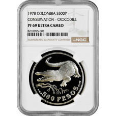 Колумбия 500 песо 1978 г., NGC PF69 UC, "Острорылый крокодил" Top Pop