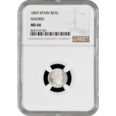 Испания 1 реал 1859 г., NGC MS66 MADRID, "Королева Изабелла II (1847 - 1864)" Top Pop