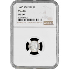Испания 1 реал 1860 г., NGC MS66 MADRID, "Королева Изабелла II (1847 - 1864)" Top Pop