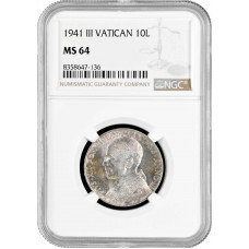 Ватикан 10 лир 1941 г., NGC MS64, "Папа Пий XII (1939 - 1958)"