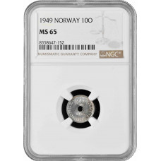 Норвегия 10 эре 1949 г., NGC MS65, "Король Хокон VII (1906 - 1957)"