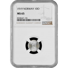 Норвегия 10 эре 1919 г., NGC MS65, "Король Хокон VII (1906 - 1957)"