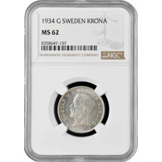 Швеция 1 крона 1934 г. G, NGC MS62, "Король Густав V (1908 - 1950)"