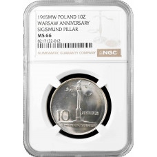 Польша 10 злотых 1965 г. MW, NGC MS66, "700 лет Варшаве, Колонна Сигизмунда"