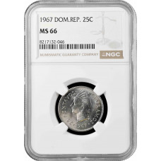 Dominican Republic 25 centavos 1967, NGC MS66, "Republic (1937 - 2023)"