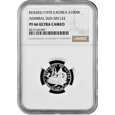 South Korea 100 won 1970, NGC PF66 UC, "Admiral Sun Sin Lee" silver coin