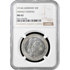 Ангальт-Дессау 3 марки 1914 г. A, NGC MS63, "25 лет свадьбе Фридриха II и Марии Баденской"