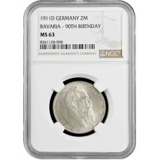 Бавария 2 марки 1911 г. D, NGC MS63, "90 лет со дня рождения Луитпольда Баварского"