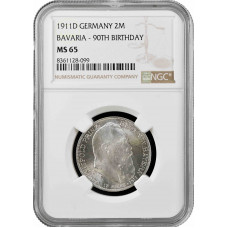 Бавария 2 марки 1911 г. D, NGC MS65, "90 лет со дня рождения Луитпольда Баварского"