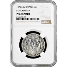 Веймарская Республика 3 рейхсмарки 1927 г. A, NGC PF62 CAM, "1000 лет Нордхаузену"