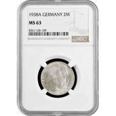 Германия - Третий рейх 2 рейхсмарки 1938 г. A, NGC MS63, "Нацистская Германия (1933 - 1945)"