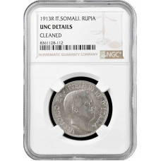 Итальянское Сомали 1 рупия 1913 г. R, NGC UNC Det., "Король Виктор Эммануил III (1900 - 1946)"