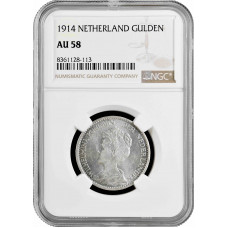 Нидерланды 1 гульден 1914 г., NGC AU58, "Королева Вильгельмина (1890 - 1948)"