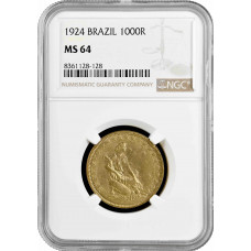 Бразилия 1000 рейсов 1924 г., NGC MS64, "Первая Республика (1889 - 1942)"