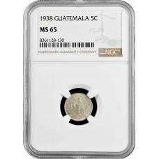 Гватемала 5 сентаво 1938 г., NGC MS65, "Республика Гватемала (1925 - 1948)" Top Pop