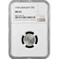 Уругвай 20 сентесимо 1954 г., NGC MS63, "Песо (1862 - 1974)"