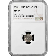 Гватемала 1/4 реала 1901 г. H, NGC MS65, "Реал (1838 - 1912)" Cu-Ni