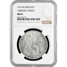 Перу 1 соль 1916 г. FG, NGC MS61, "Республика Перу (1863 - 1917)" "LIBERTAD" REISED