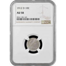 США 10 центов (1 дайм) 1912 г. D, NGC AU58, "Barber Dime"