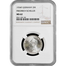 Германия - Третий рейх 2 рейхсмарки 1934 г. A, NGC MS62, "175 лет со дня рождения Фридриха Шиллера"