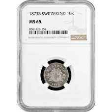 Швейцария 10 раппенов 1873 г. B, NGC MS65, "Швейцарская Конфедерация (1850 - 1916)"